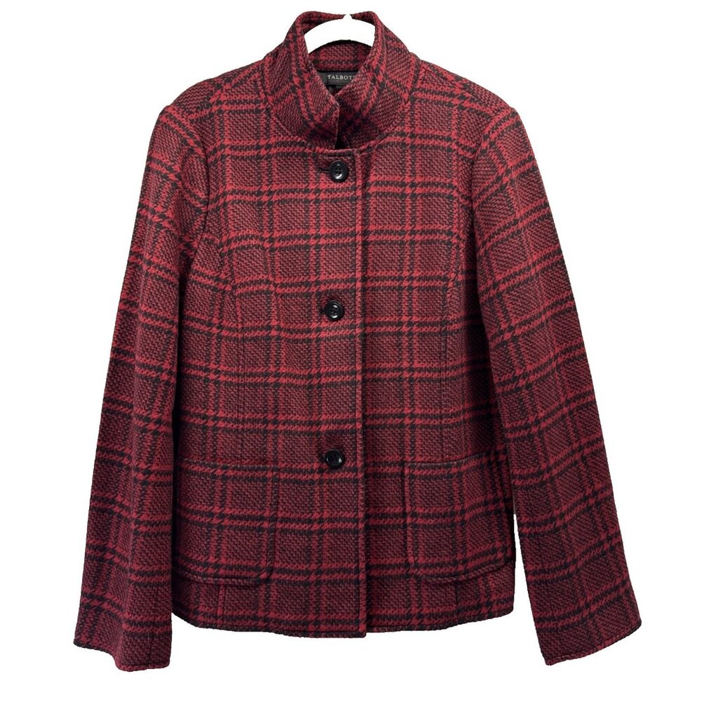Talbots Women's Wool Blend Blazer Size 8 Red Black Houndstooth Plaid‎ Pockets